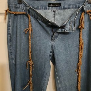 INDUSTRIATTO size 12 blue wide leg jeans with leather fringe made in Italy